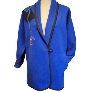 Vintage Beppa Blue Wool Coat Bold Geometric Black Trim Abstract Art Size M